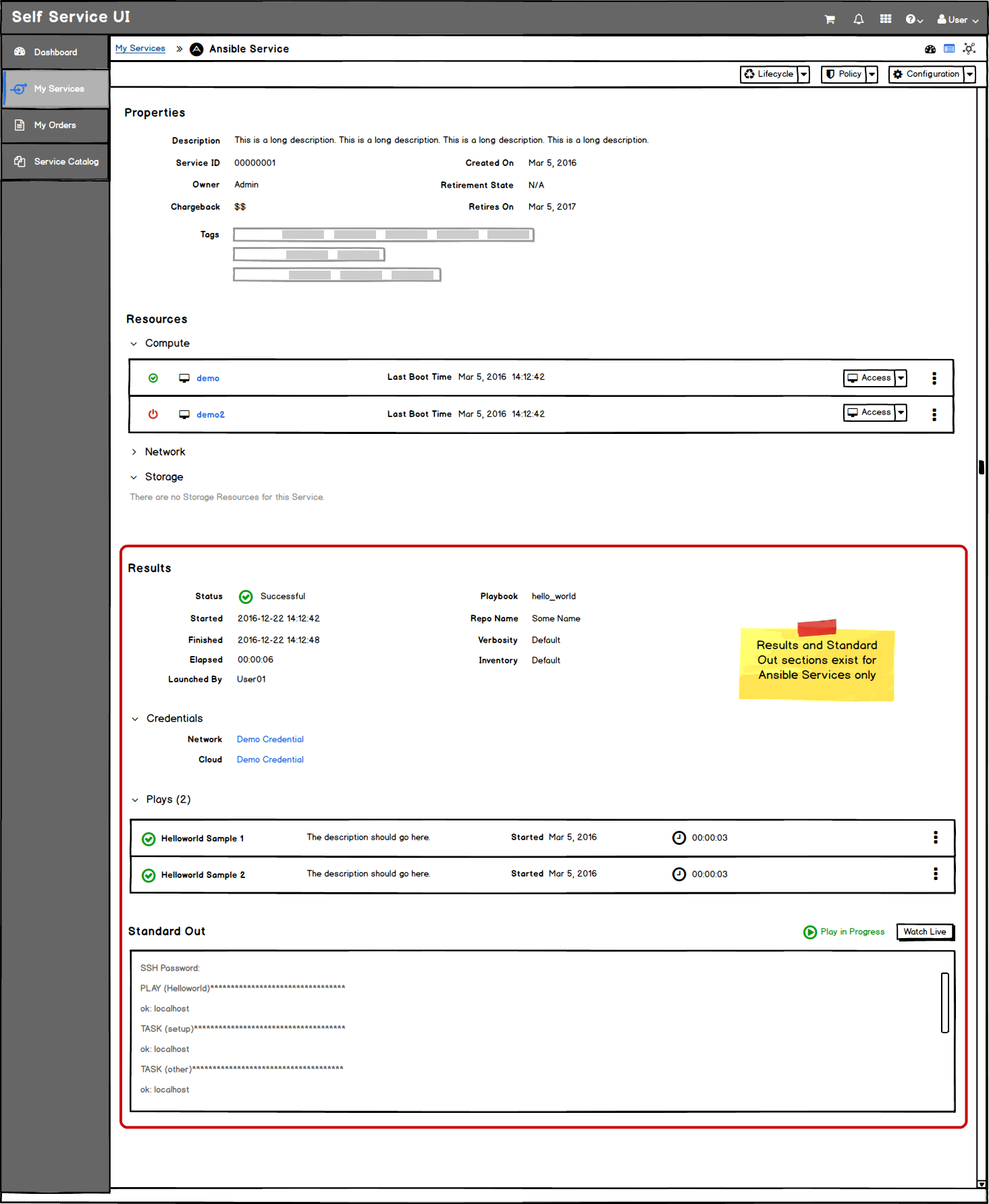 Image of Detail View for an Ansible Service.